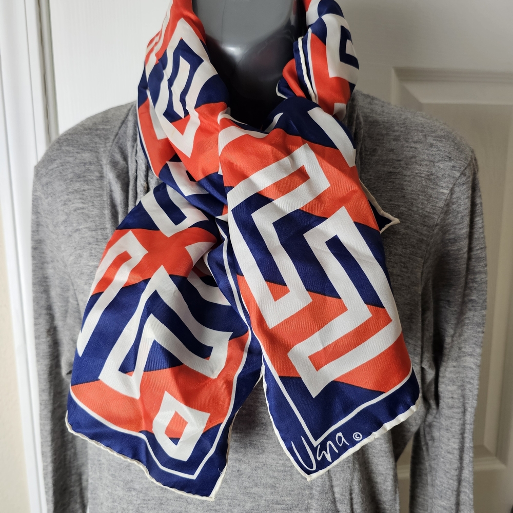 Vera 70s Oblong Op Art Geometric Pattern Patriotic Colors Handrolled Silk Scarf